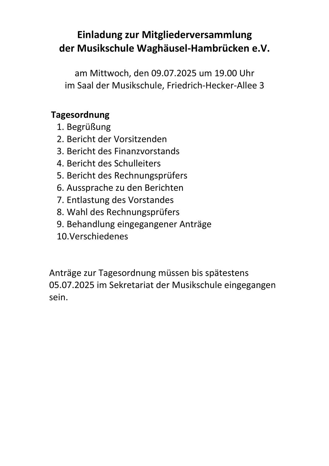Einladung zur Mitgliederversammlung der Musikschule Waghäusel-Hambrücken e.V.